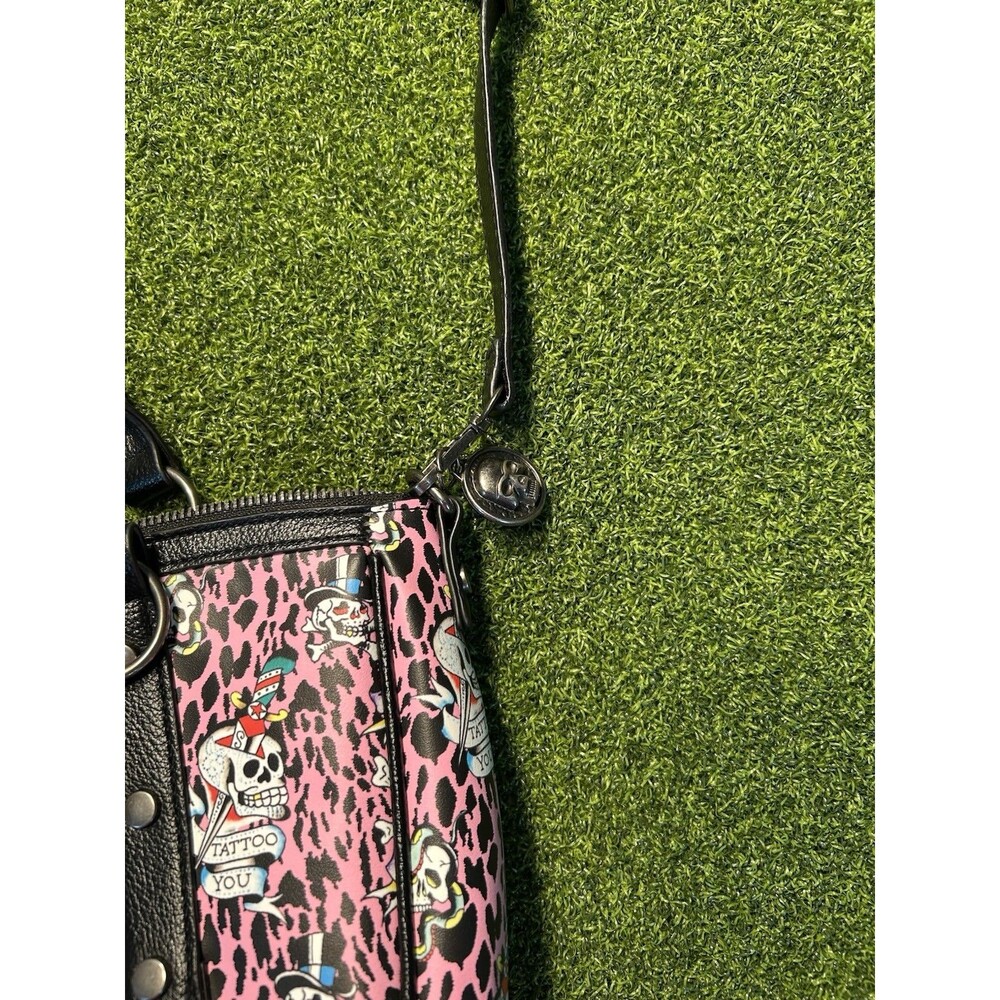 Ed Hardy Pink Leopard Tattoo Skull Rhinestone Satchel Y2K Crossbody Bag EUC!! - Picture 4 of 12